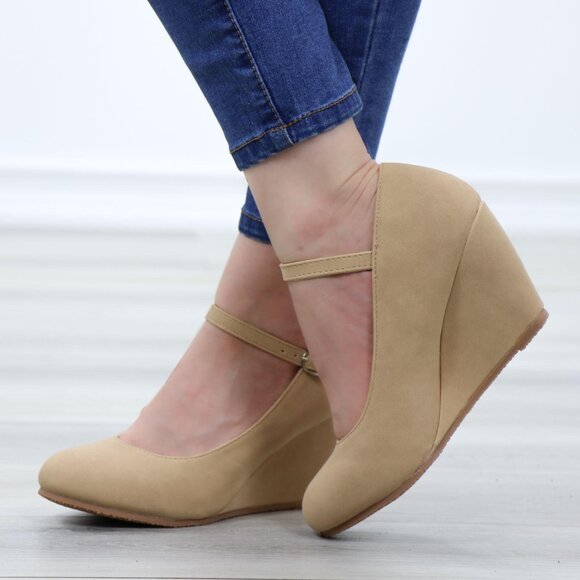 Faux Nubuck Leather Low Wedge Classy Heel - Picture 7 of 13